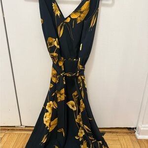 Ted Baker London Yellow and Blue Sleeveless V-Neck Midi Dress